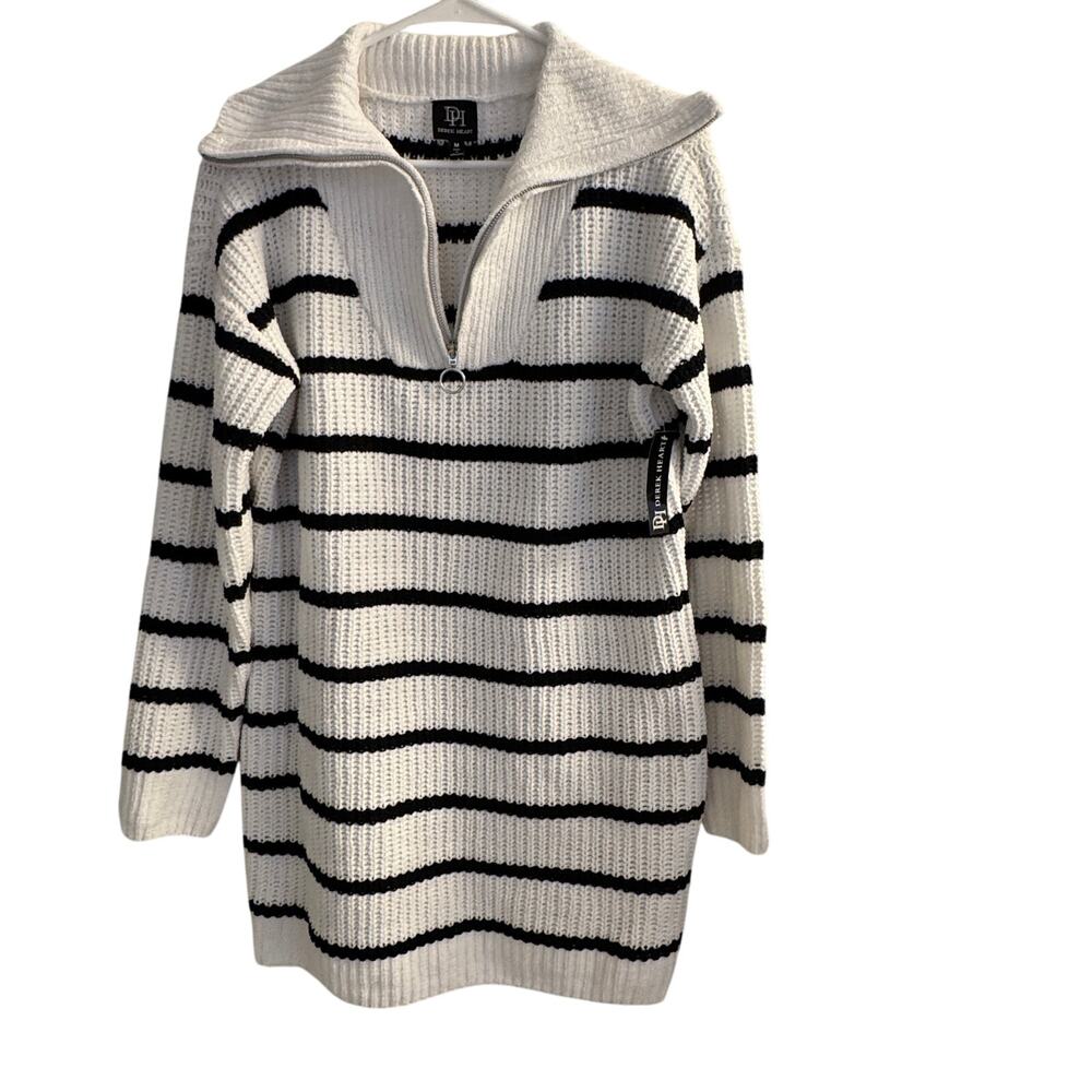 Derek Heart Sweater Women's White/Black Striped V Neck Tunic 1/4 Zip ‎ Sz M